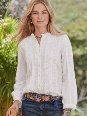 Sundance Lace Eyelet Swiss Dot Ruffle Off White Peasant Blouse